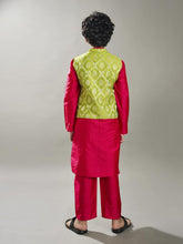 Boys off Pink kurta pajama with a green jacquard booti jacket